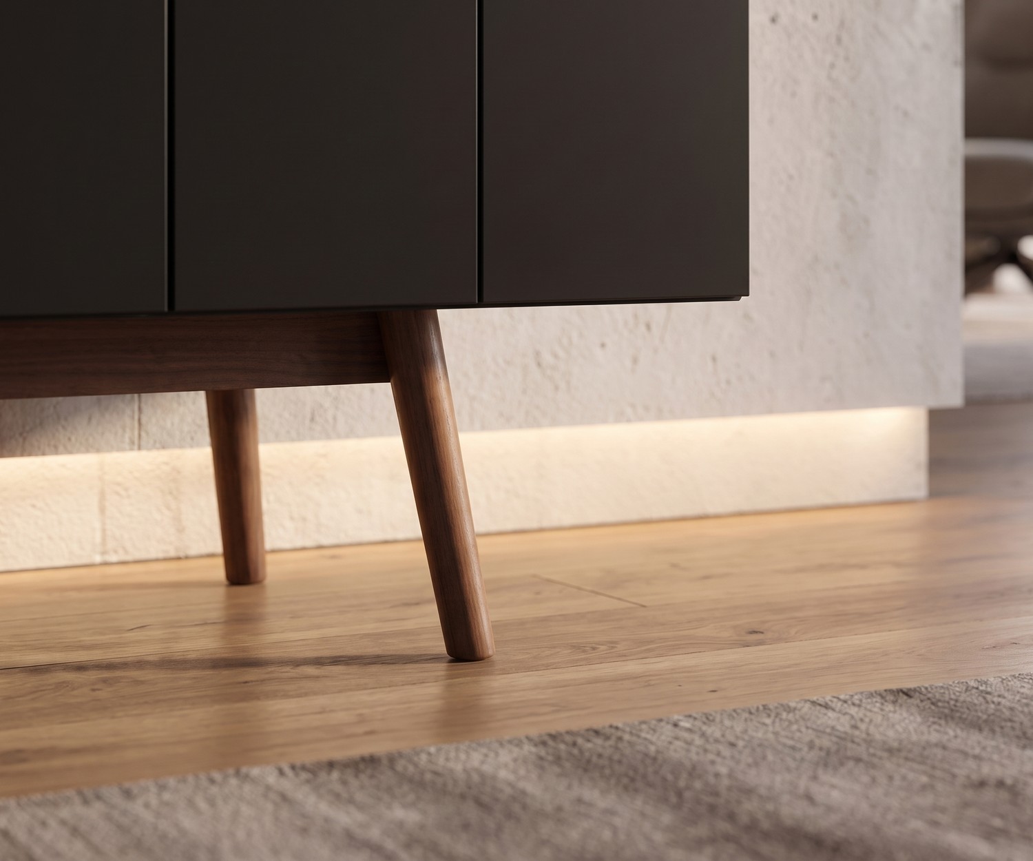 Buffet de salon al2 MOS-I-KO 003 A, gros plan sur les pieds en bois rétro et portes gris foncé sur parquet.
