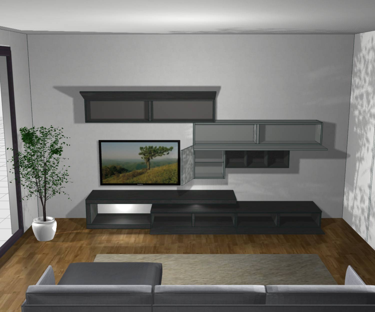 Meuble-paroi design moderne C99 avec chêne Carbone et plateau TV flottant