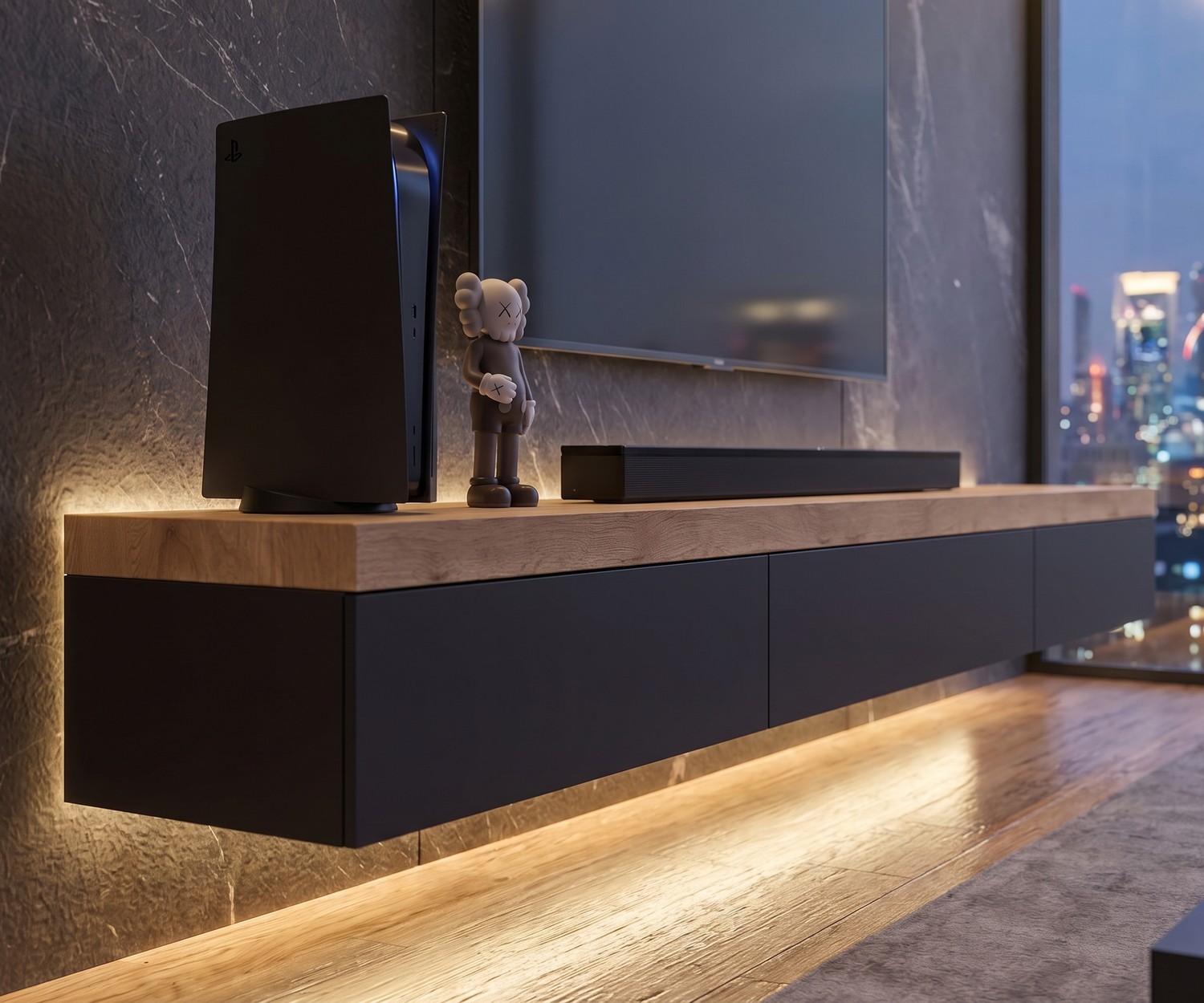 Meuble TV suspendu de salon Livitalia avec plateau épais en bois et éclairage LED moderne sous le meuble.