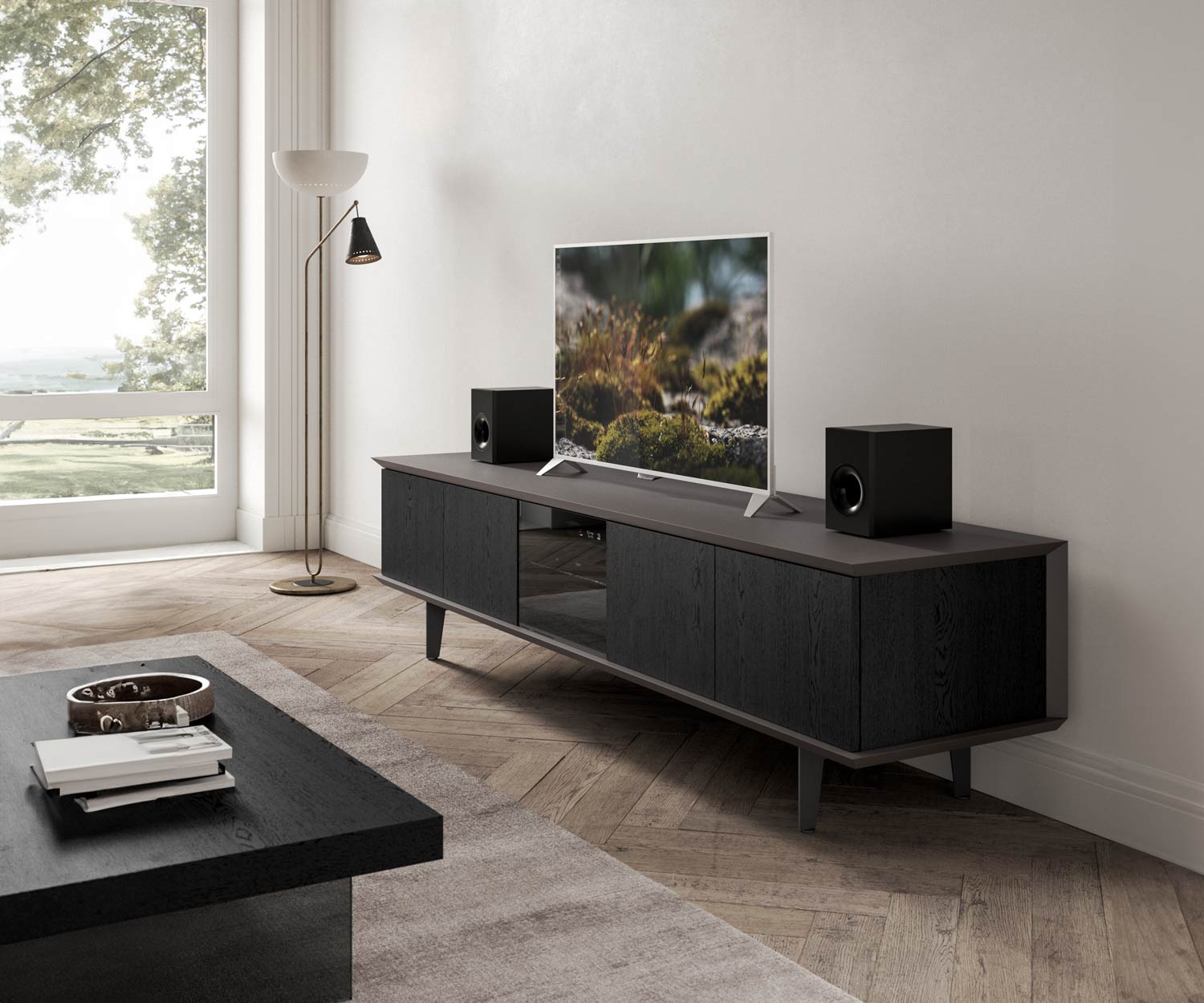 Meuble TV plat Lowboard avec porte en verre Chêne Carbone Noir Meuble TV plat Lowboard avec porte en verre Chêne Carbone Noir