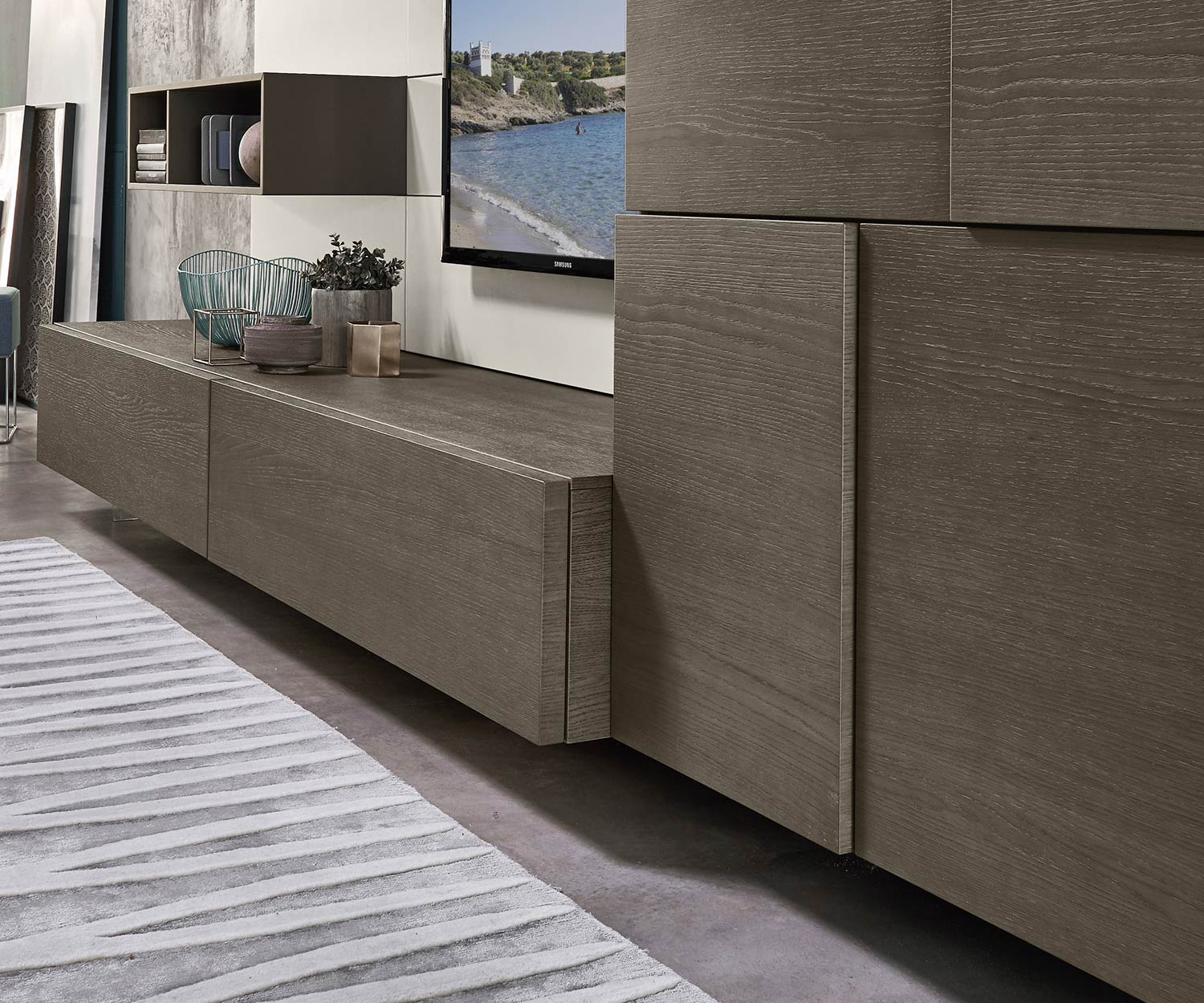 Moderne Livitalia Meuble-paroi design C34 plaqué chêne en couleur argile teintée Moderne Livitalia Meuble-paroi design C34 plaqué chêne en couleur argile teintée