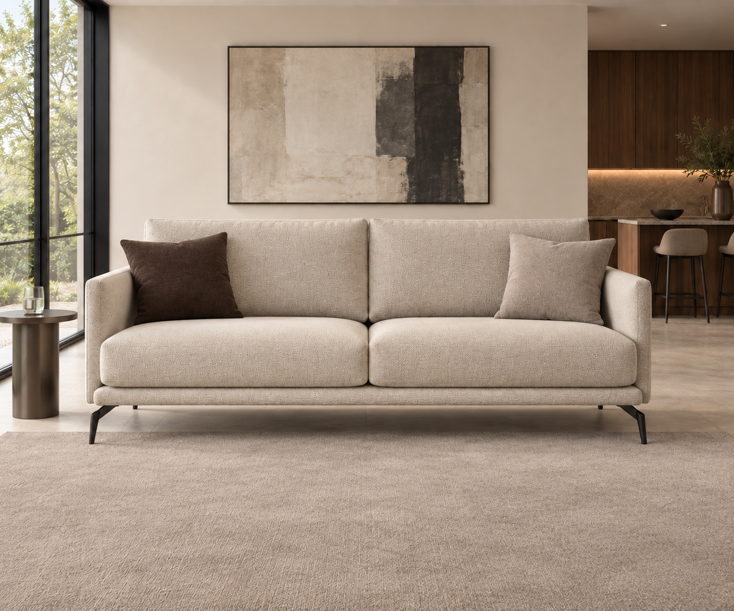 sofa-lisbora-2-sitzer-198-cm-beige-stoff-schwarze-metallfuesse-frontansicht-ohne-couchtisch Livitalia Canapé Lisbora