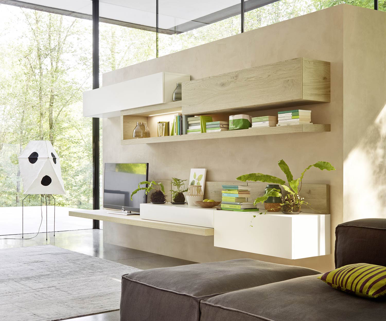 Moderne Livitalia Meuble-paroi design C26 en chêne plaqué et blanc mat