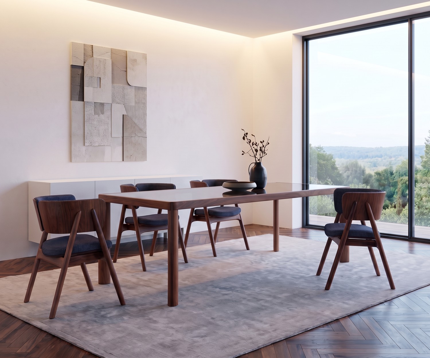 Table de repas al2 ka-bera 001 b dans une salle à manger moderne. Table élégante en bois foncé avec chaises assorties.