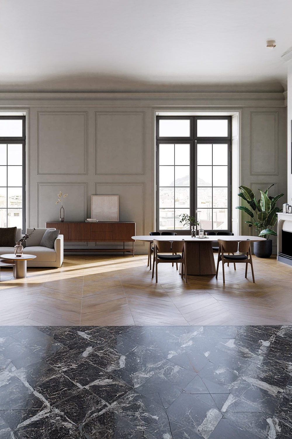 table &agrave; manger remarquable avec socle central dans un salon et salle &agrave; manger spacieuse