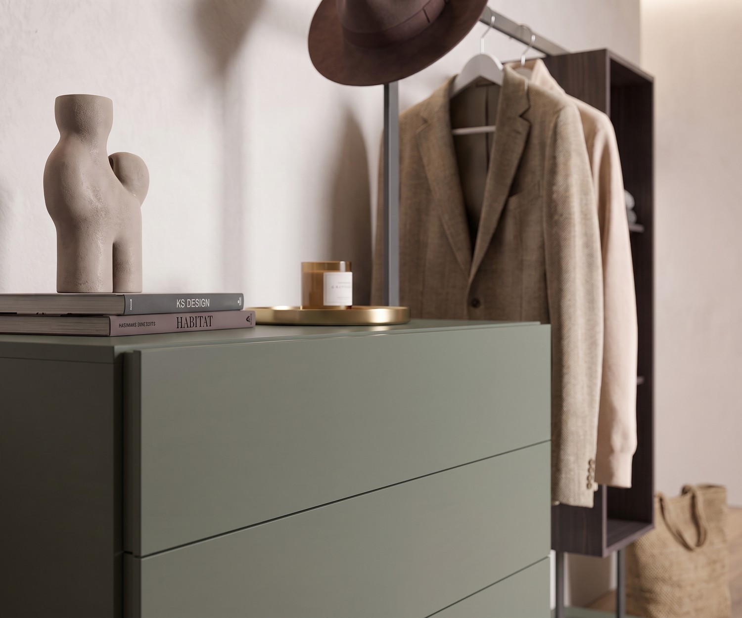 Commode d'entrée avec penderie intégrée Easy 4, meuble vestiaire vert sauge design avec tiroirs et tringle à vêtements