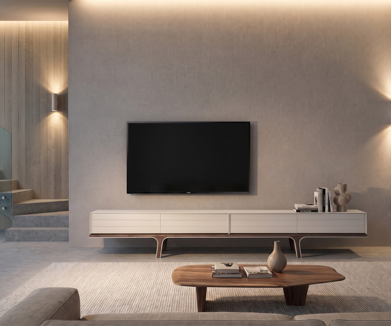 Meuble TV design al2 Mobius 004 blanc Meuble TV bas al2 Mobius 004 dans un salon minimaliste, banc TV blanc mat avec pieds en bois foncé de style moderne.