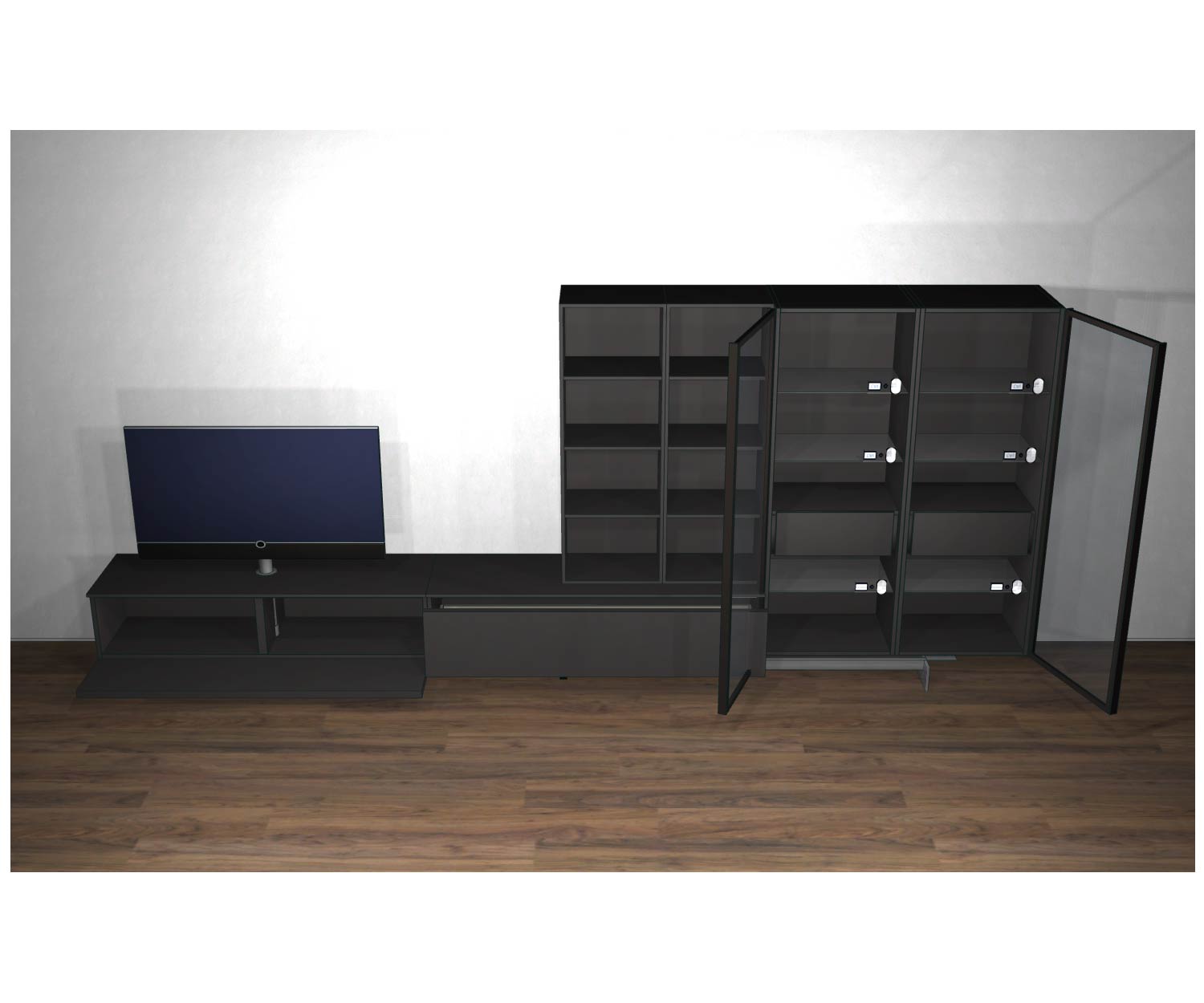 Livitalia Meuble-paroi design C43 Buffet bas design et vitrine avec portes ouvertes Livitalia Meuble-paroi design C43 Buffet bas design et vitrine avec portes ouvertes