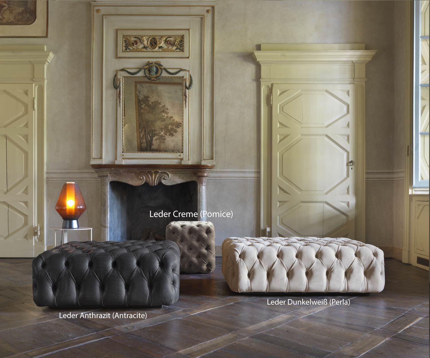 Exclusif Marelli Tabouret design Matisse en cuir crème blanc avec ensemble de canapés Exclusif Marelli Tabouret design Matisse en cuir crème blanc avec ensemble de canapés