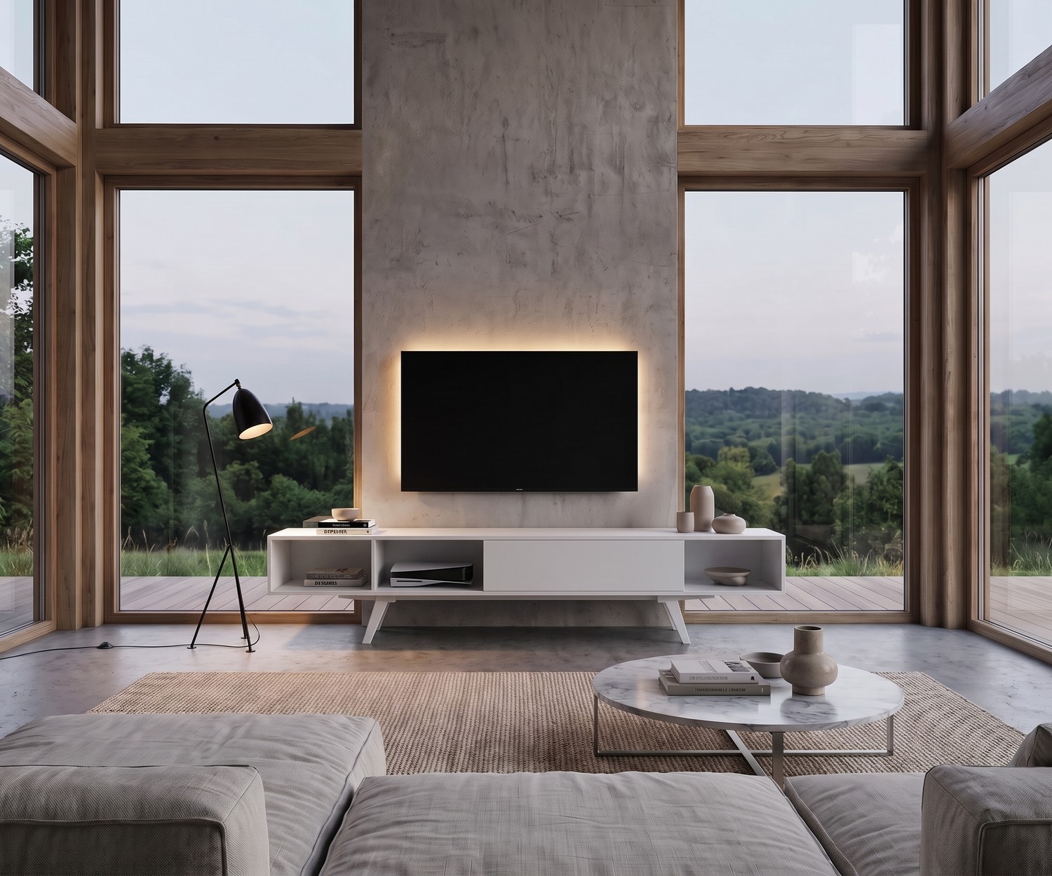 Meuble TV bas e-klipse 005 pour le salon. Banc TV design blanc moderne sous une télévision dans un intérieur épuré.