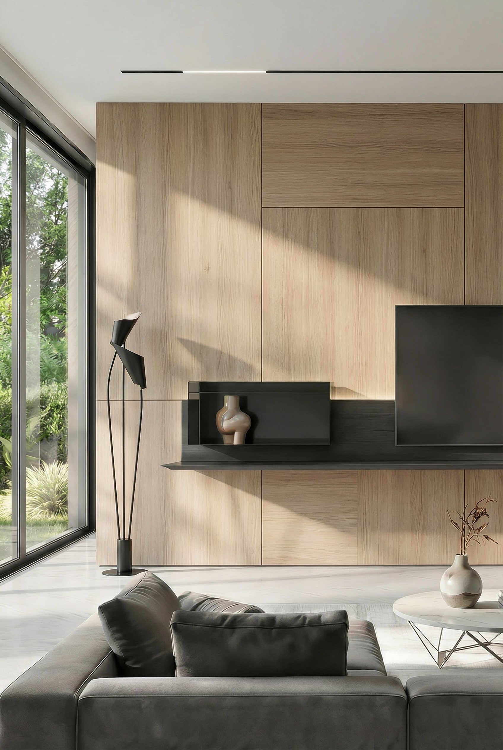 Meuble TV mural asym&eacute;trique avec &eacute;tag&egrave;res d&eacute;cal&eacute;es