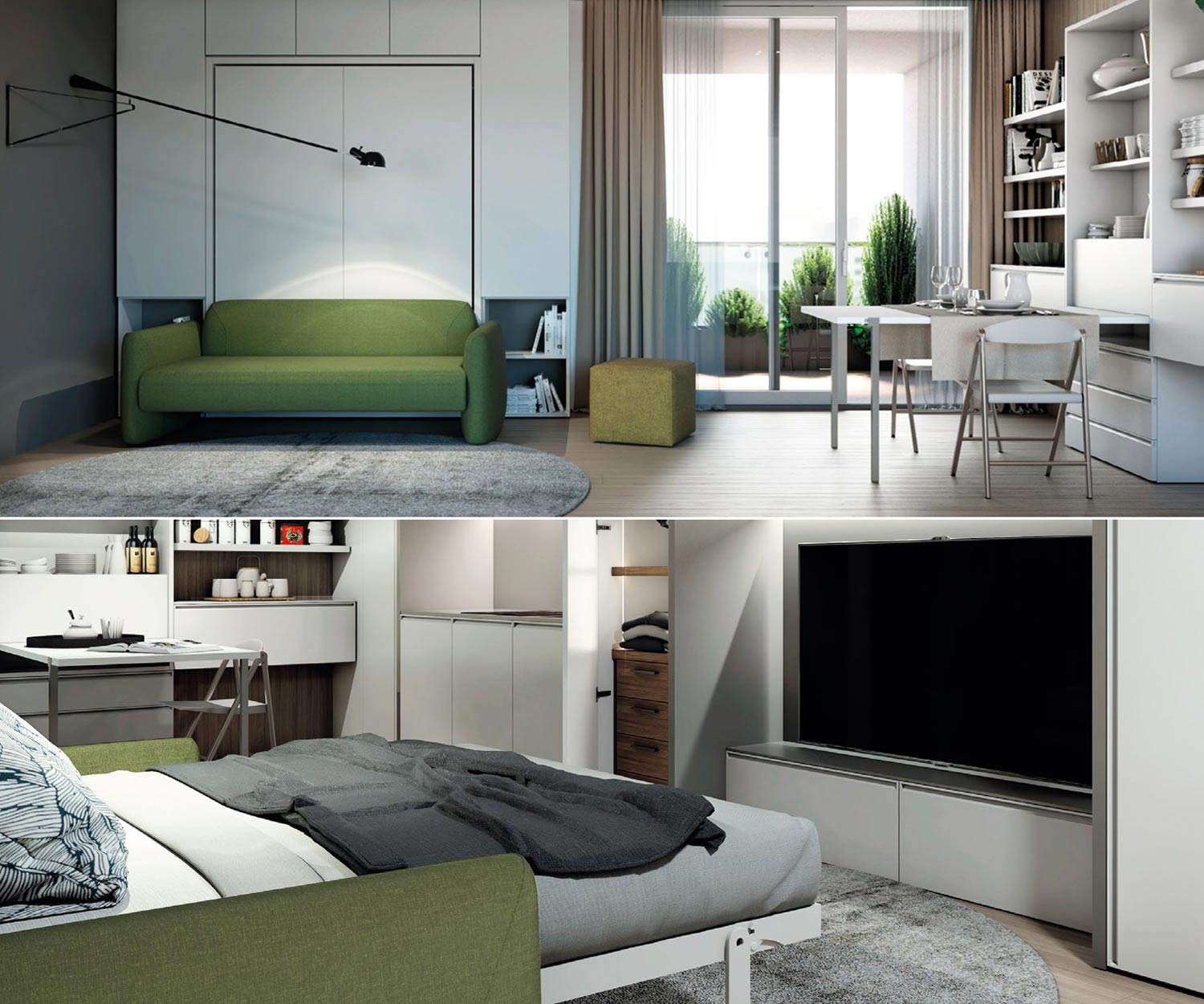 Moderner Wohn- und Schlafraum in einer 1 Zimmer Wohnung mit transformierbarem Schrankbett Sofa Moderner Wohn- und Schlafraum in einer 1 Zimmer Wohnung mit transformierbarem Schrankbett Sofa