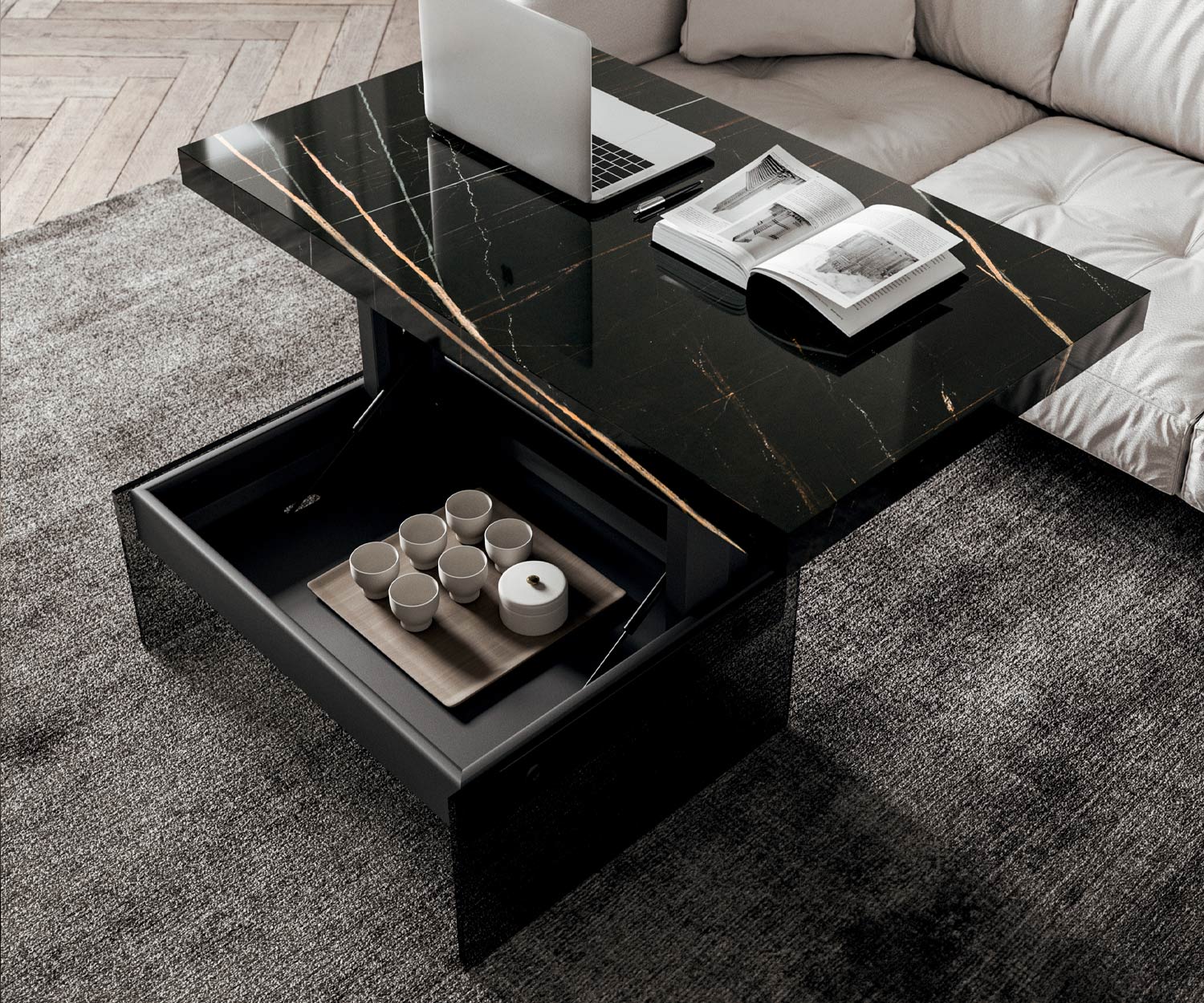 Table basse ouverte Bellagio de Ozzio avec plateau noir en verre marbré