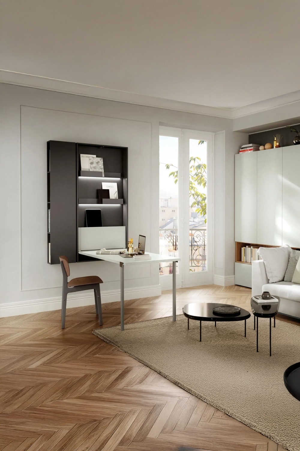 table murale pliante peu encombrante avec rangement dans une chambre aménagée de manière moderne