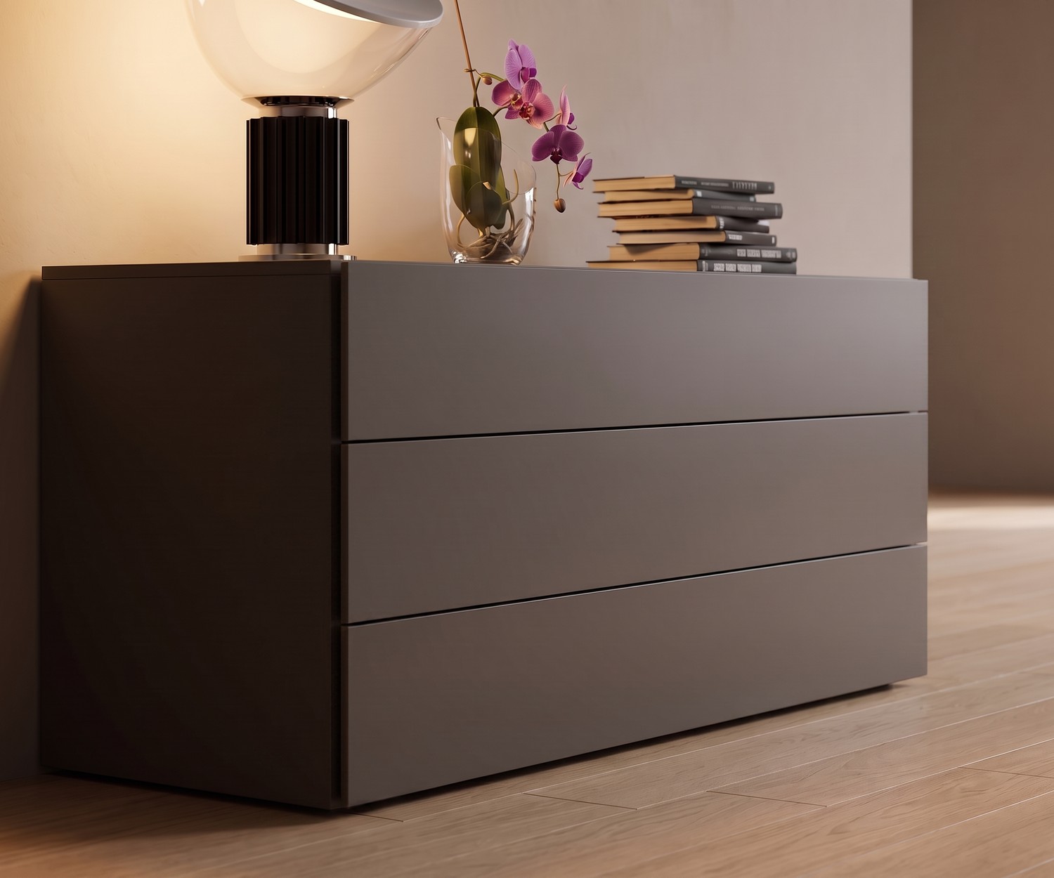 Commode design Easy de Novamobili à 3 tiroirs blanche, meuble de rangement minimaliste pour chambre avec miroir.