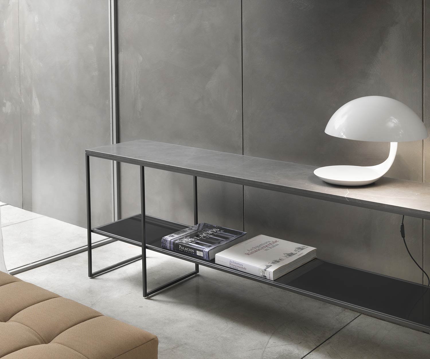 Haute qualité Marelli Console Frame Marbre Gris Plateau de table Verre Sous-plateau