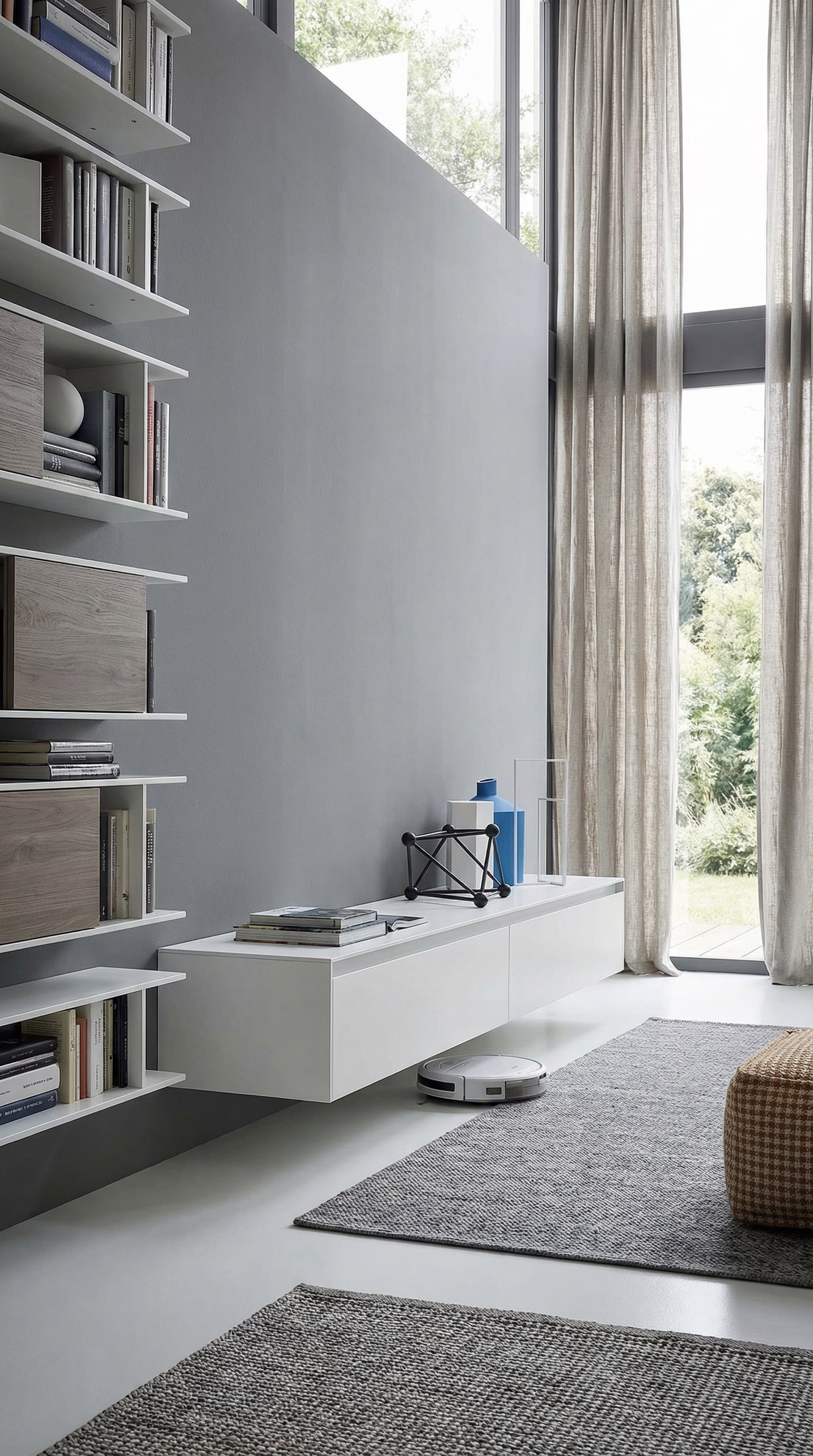 Meuble bas modulaire et asymétrique sur un mur gris Meuble bas modulaire et asymétrique sur un mur gris