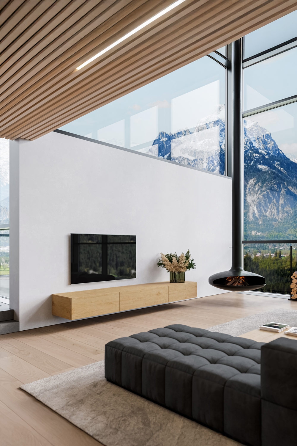 salon de style moderne et minimaliste avec chemin&eacute;e design