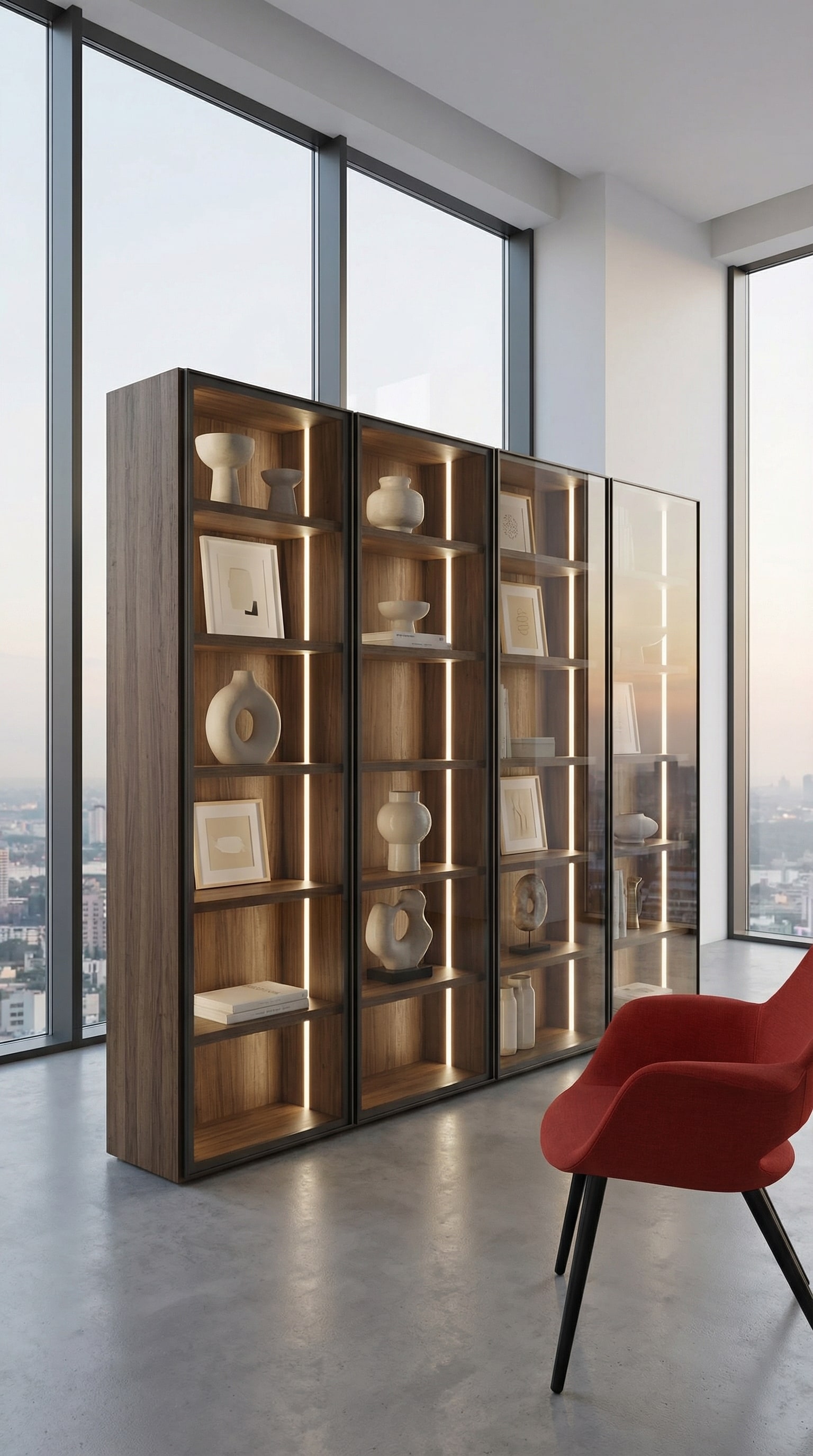 Bibliothèque exclusive en bois avec portes en verre fumé et éclairage LED Bibliothèque exclusive en bois avec portes en verre fumé et éclairage LED