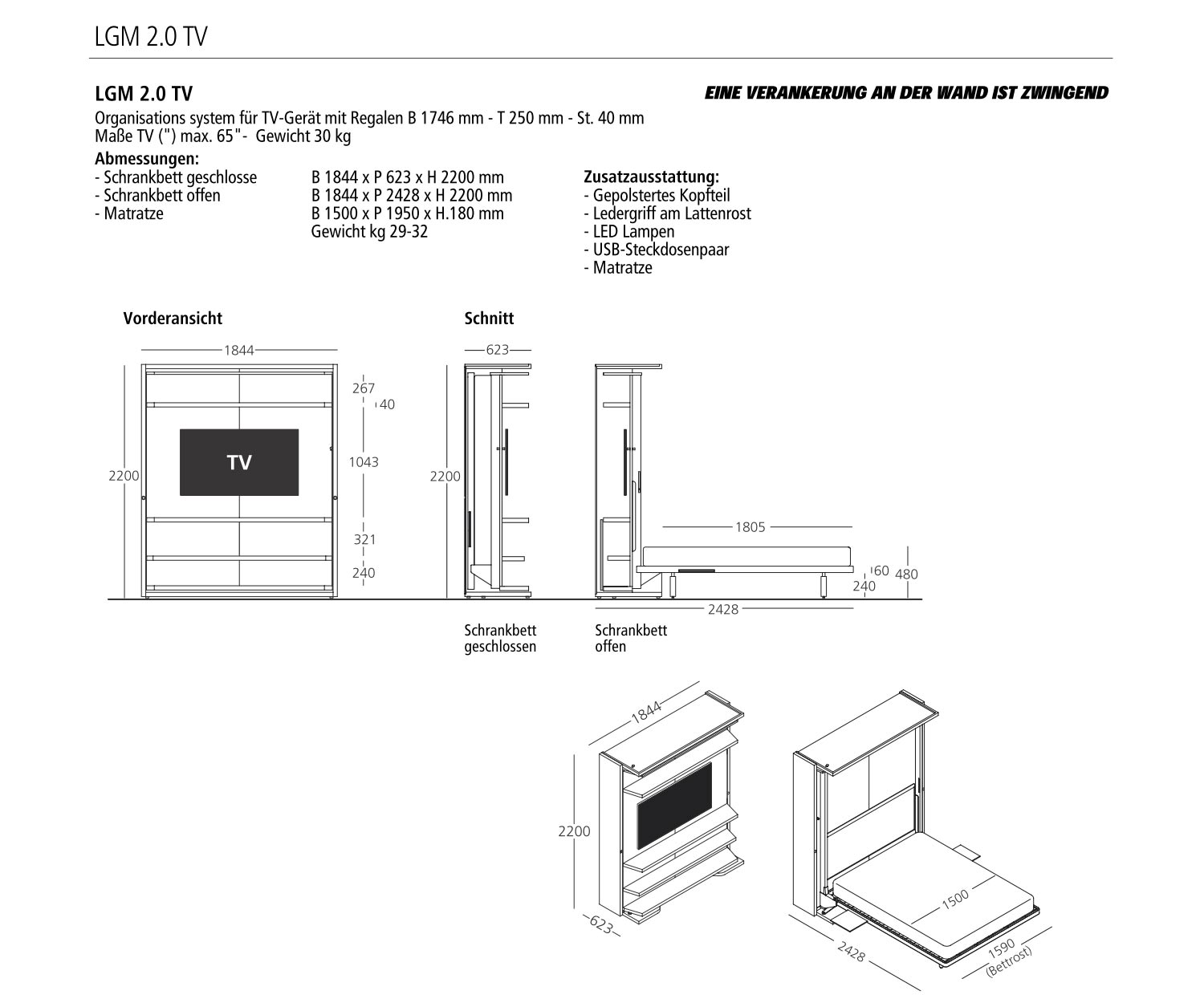 Lit escamotable design avec support TV mural Lit escamotable design avec support TV mural