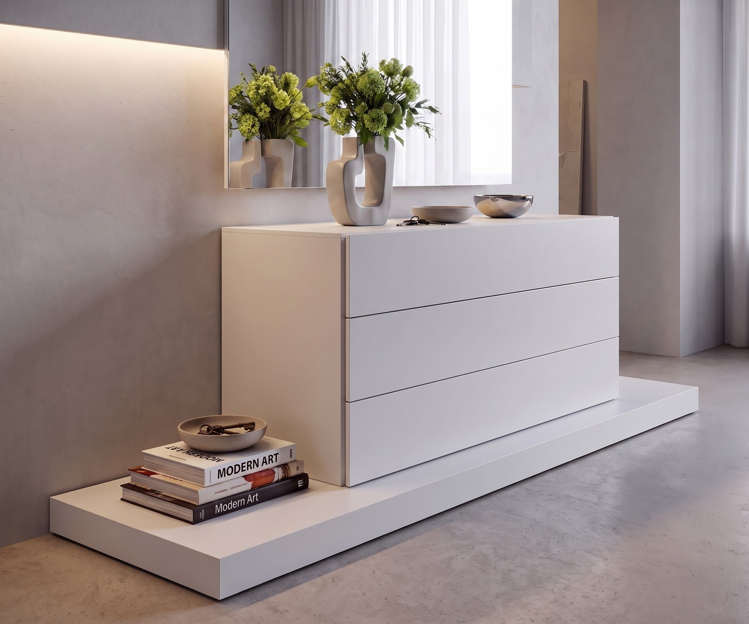 Commode design Easy de Novamobili à 3 tiroirs blanche, meuble de rangement minimaliste pour chambre avec miroir.
