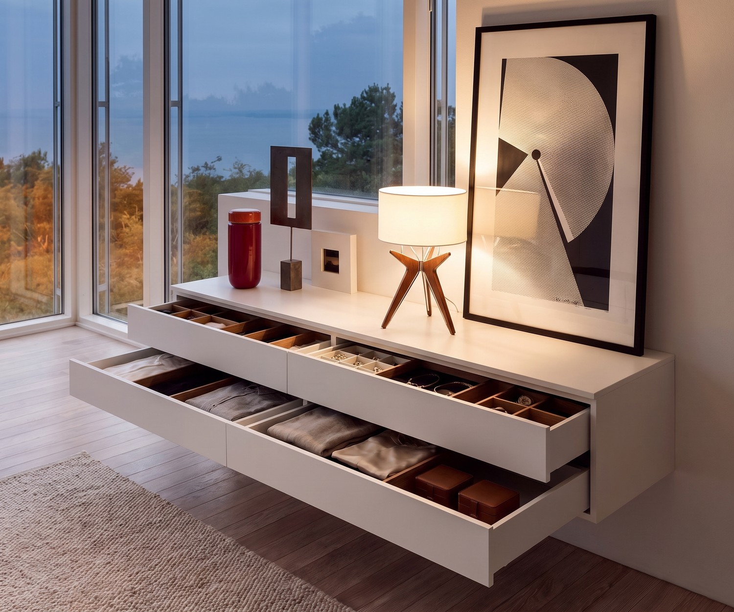 Commode Suspendue Novamobili Easy à 4 Tiroirs Commode suspendue dans la chambre : Commode murale blanche Novamobili Easy à 4 tiroirs dans un intérieur minimaliste.
