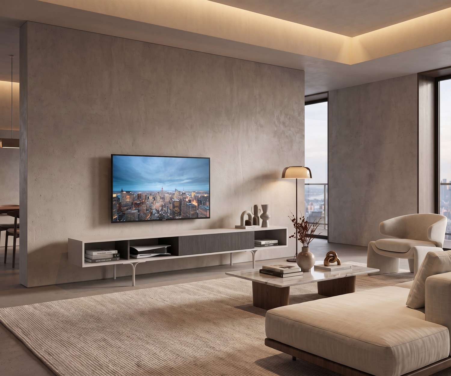Meuble TV bas design al2 Mobius 005 Meuble TV bas al2 Mobius 005 dans un salon moderne, banc TV design minimaliste avec tiroir en bois d'eucalyptus.