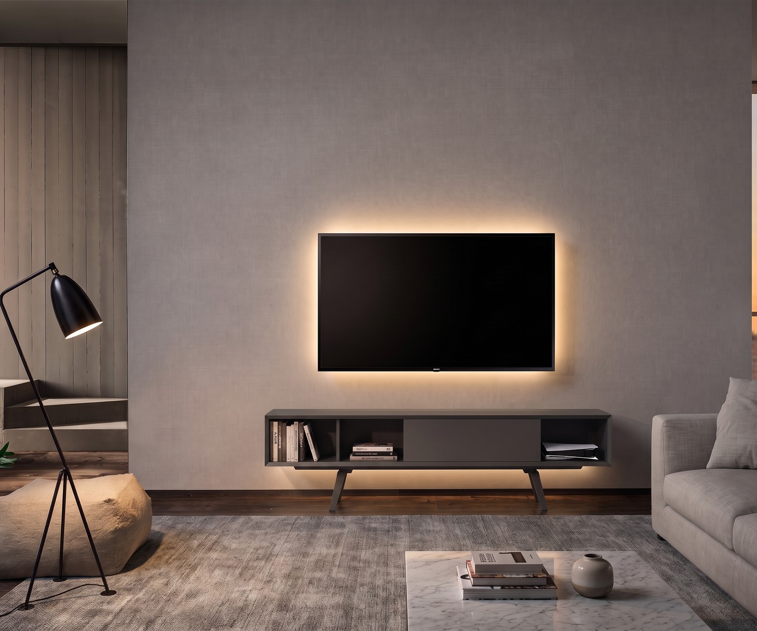 Meuble TV bas e-klipse 005 pour le salon. Banc TV design blanc moderne sous une télévision dans un intérieur épuré.