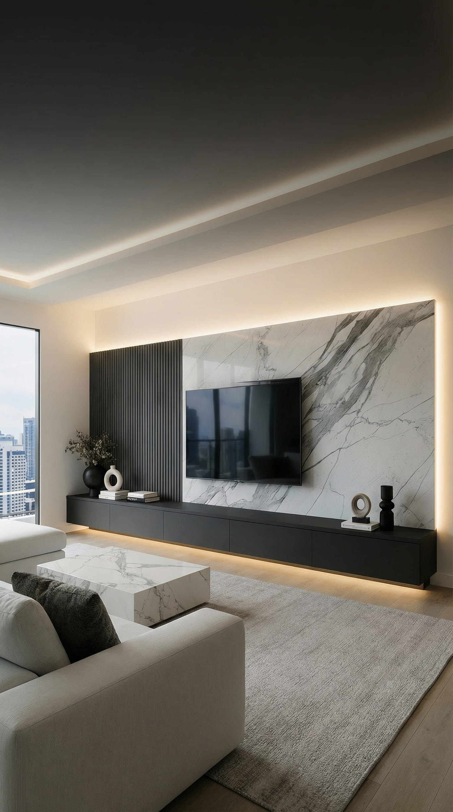 Mur TV luxueux avec panneau en marbre et lattes acoustiques