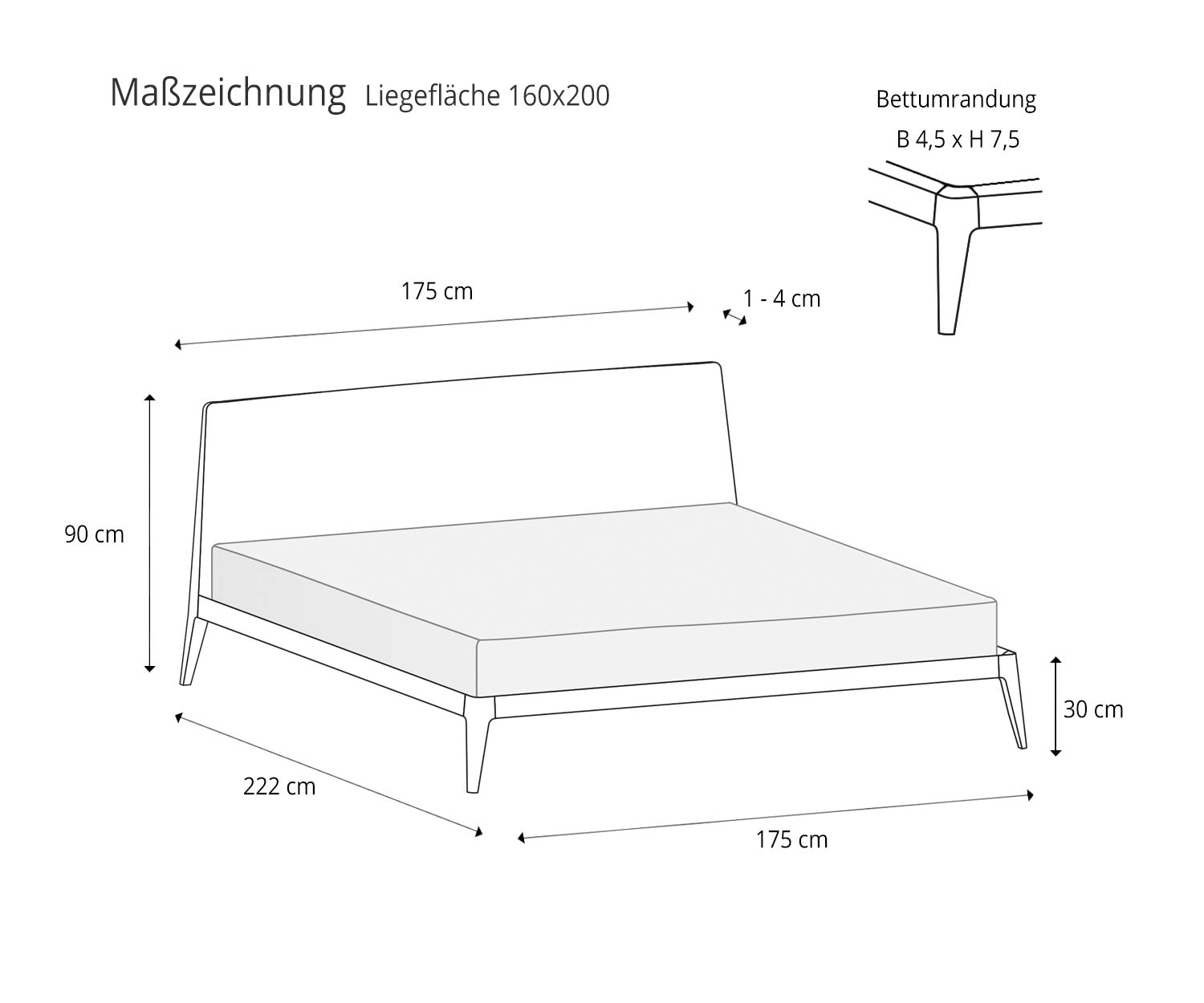 Novamobili Siri Design Lit Esquisse Dimensions Dimensions du plan de couchage 160x200