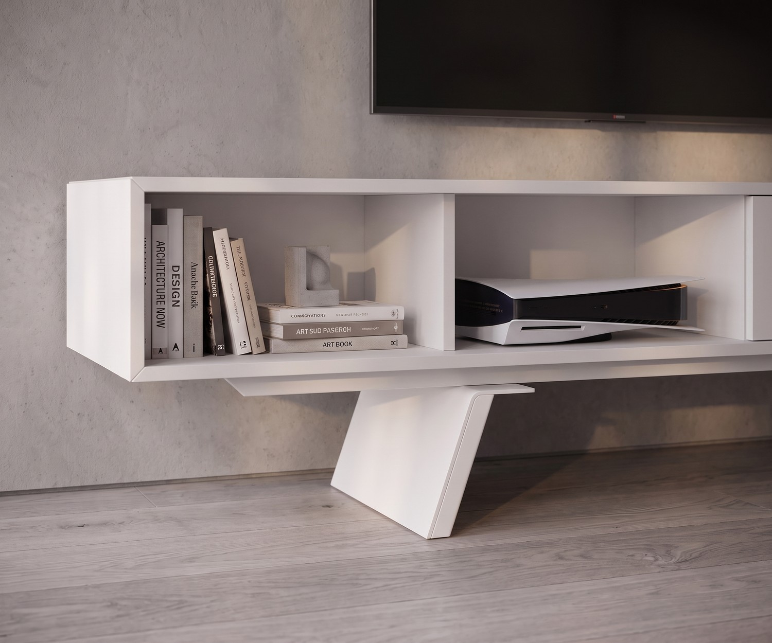 Meuble TV bas e-klipse 005 pour le salon. Banc TV design blanc moderne sous une télévision dans un intérieur épuré.