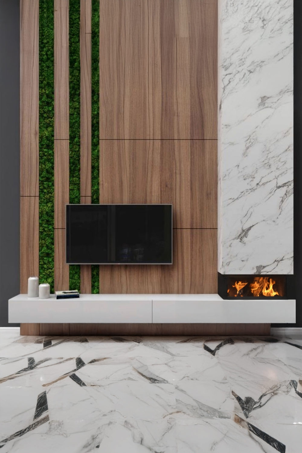 meuble TV &eacute;l&eacute;gant avec bois et marbre, lowboard sans poign&eacute;e et chemin&eacute;e &eacute;lectrique accentuante