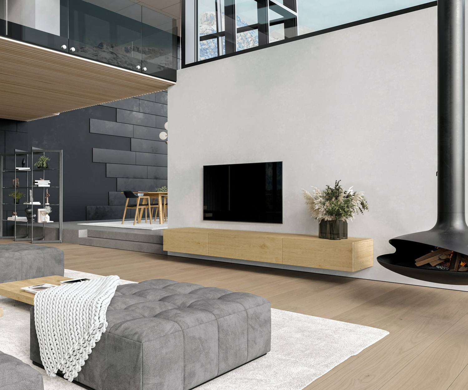 Design bois TV Lowboard suspendu configurateur chêne naturel clair Design bois TV Lowboard suspendu configurateur chêne naturel clair