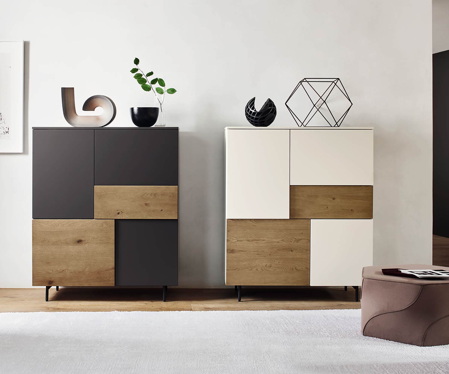 Livitalia Highboard design de haute qualité Incontro en gris et en blanc mat Livitalia Highboard design de haute qualité Incontro en gris et en blanc mat