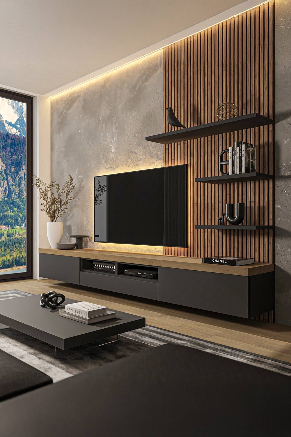 salon-avec-eclairage-indirect-pour-un-mur-en-bois-ambiance