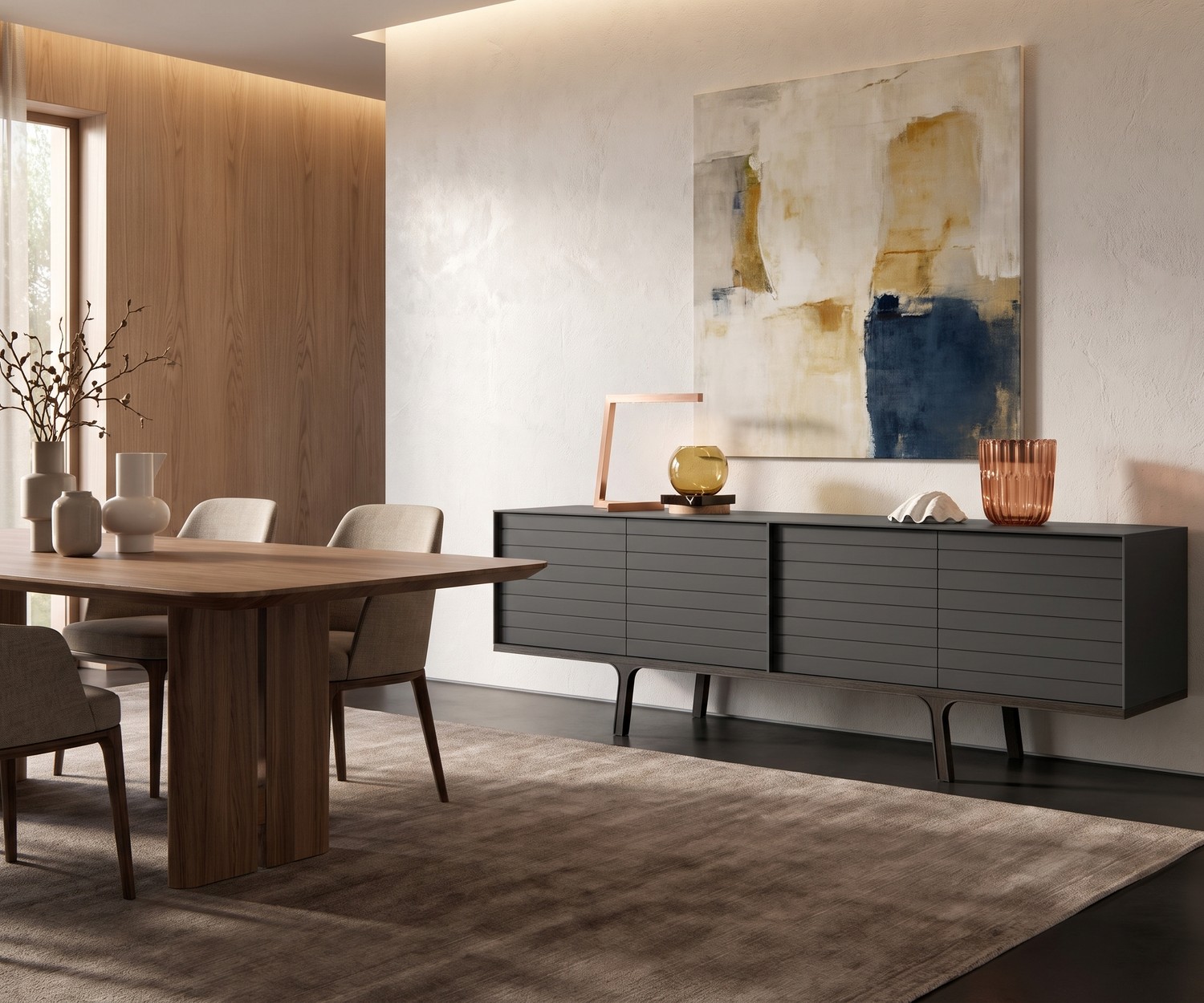 Buffet de salon al2 Mobius 002 gris foncé mat avec pieds en bois, style moderne minimaliste avec tableau abstrait.