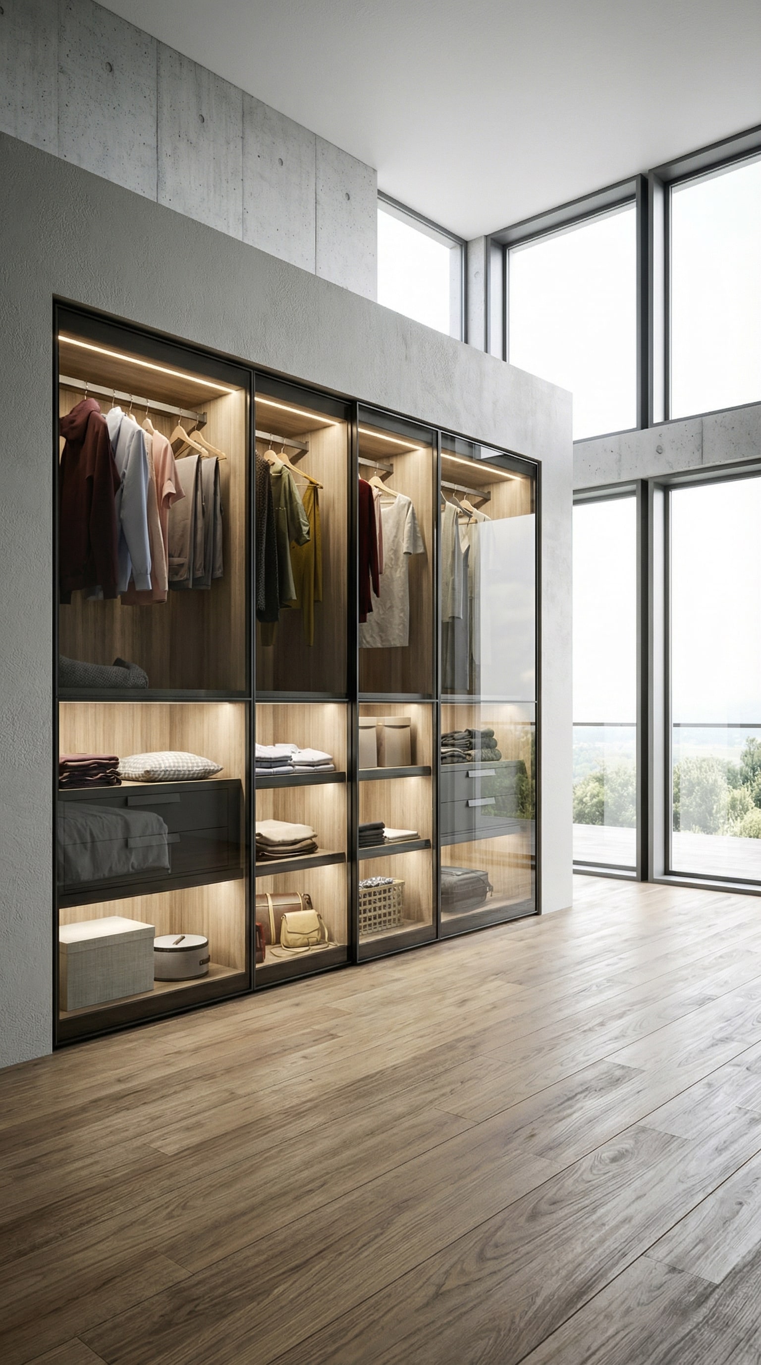 Chambre luxueuse avec l'armoire éclairée Novamobili Layer, dont les portes en verre fumé créent une atmosphère de boutique élégante. Chambre luxueuse avec l'armoire éclairée Novamobili Layer, dont les portes en verre fumé créent une atmosphère de boutique élégante.