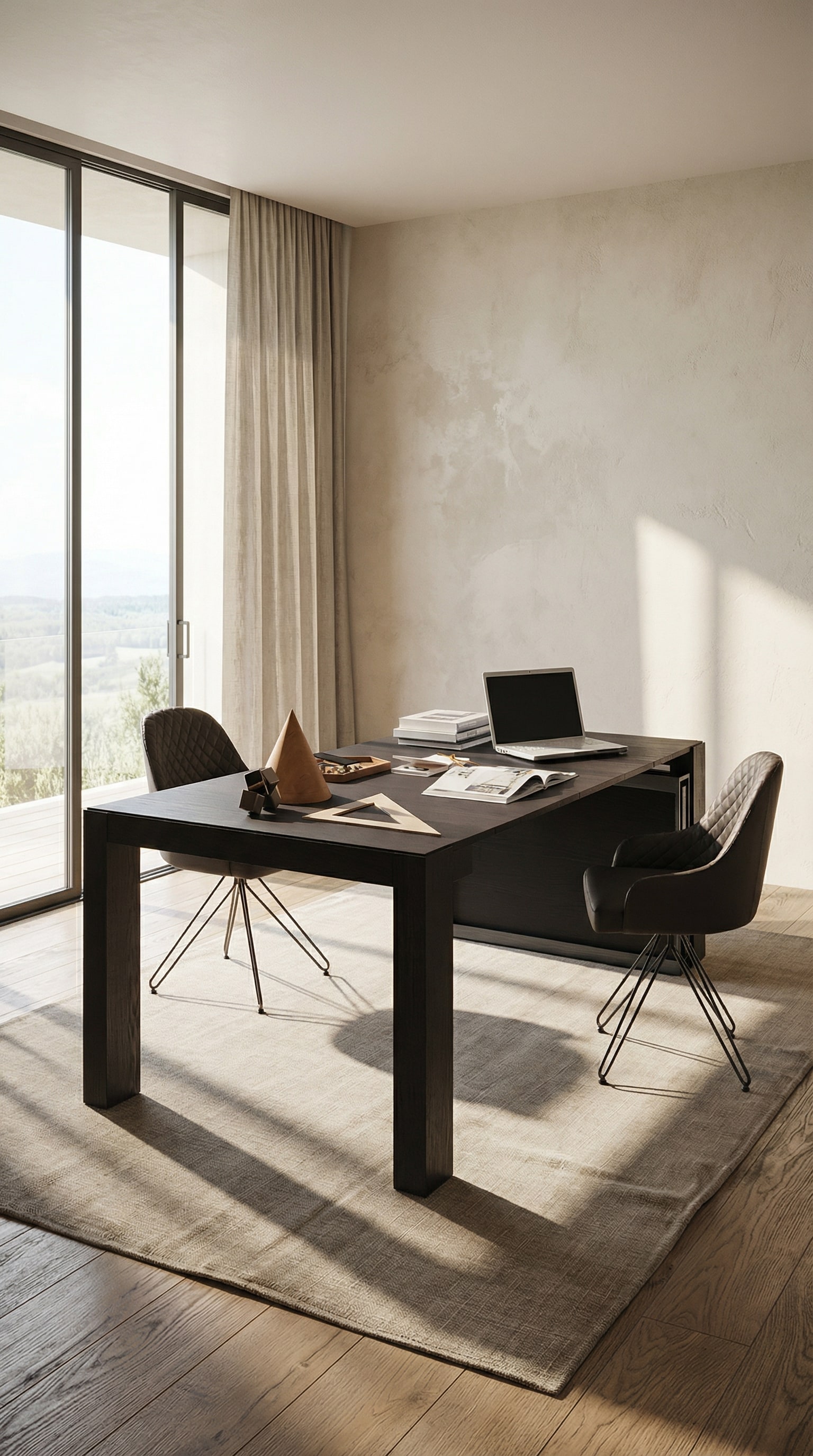 Une console Ozzio A3 extensible en position semi-ouverte, qui se transforme d'une étagère étroite en un bureau. Une console Ozzio A3 extensible en position semi-ouverte, qui se transforme d'une étagère étroite en un bureau.