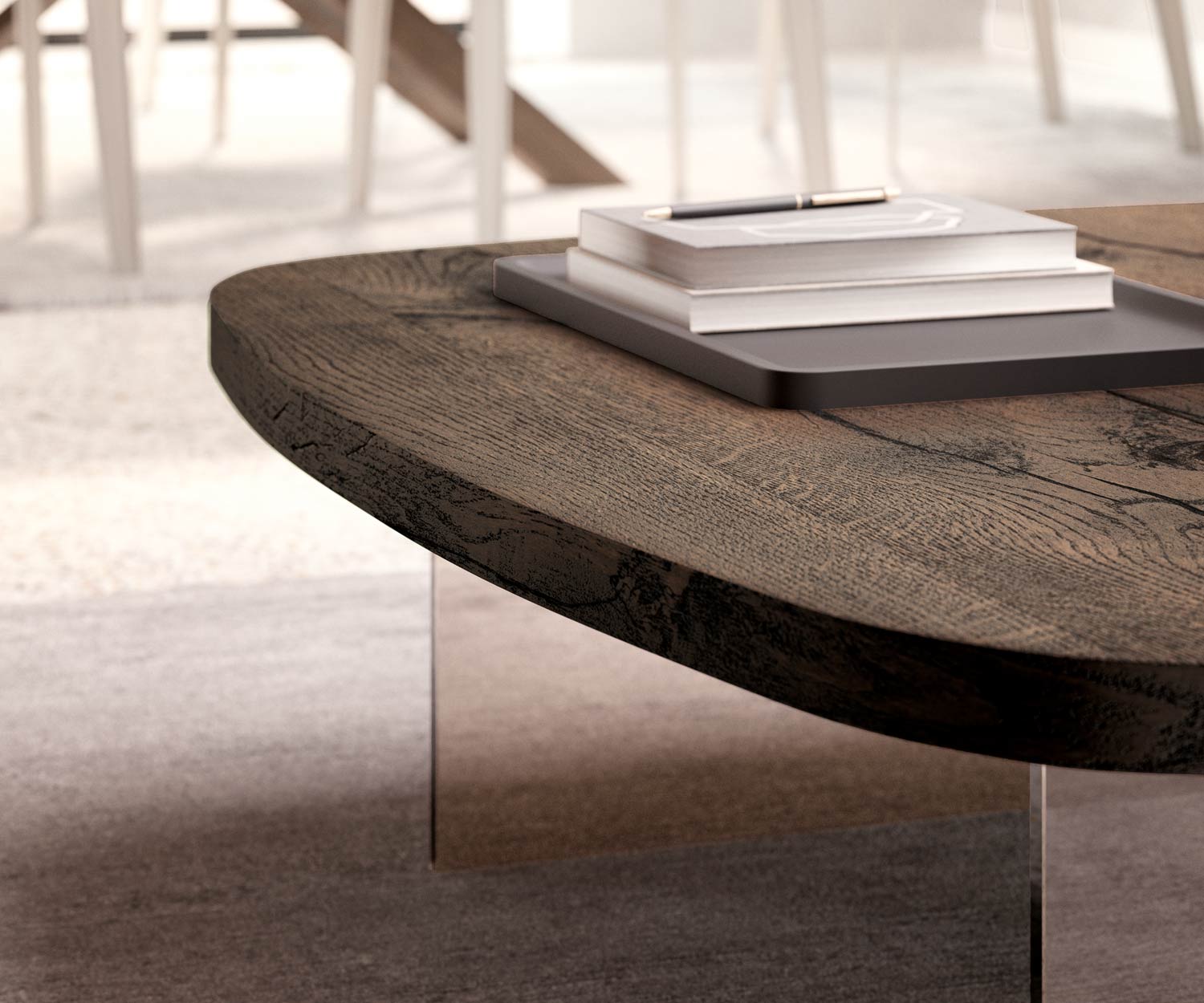 Table basse design moderne pieds en verre chêne clair plateau naturel Table basse design moderne pieds en verre chêne clair plateau naturel