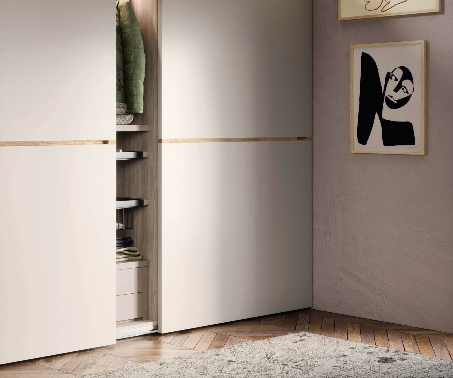 Armoire blanche à portes coulissantes Middle avec porte ouverte