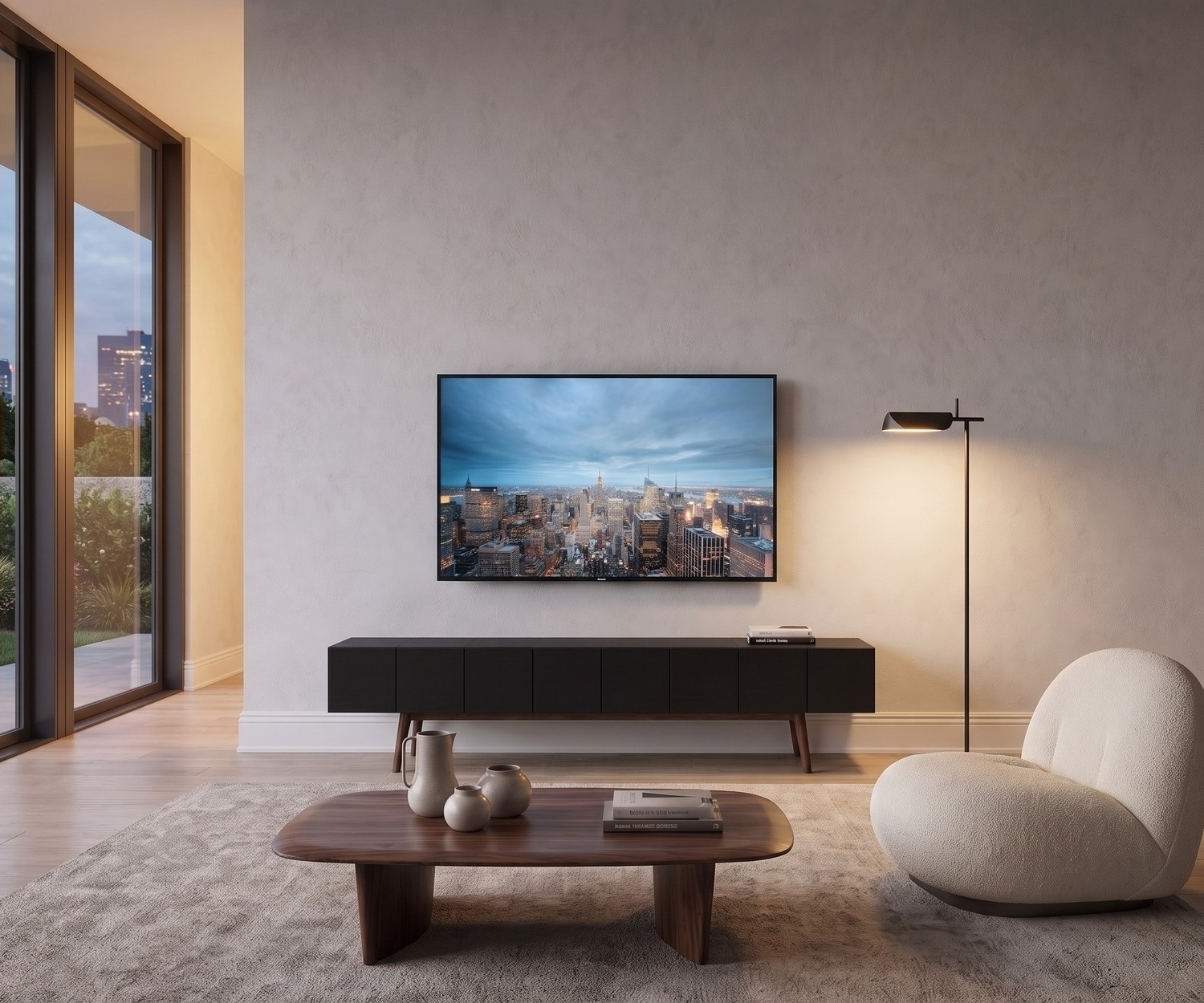 Meuble TV bas al2 MOS-I-KO 005 B pour le salon, laqué noir mat avec pieds en bois, style rétro moderne et élégant.