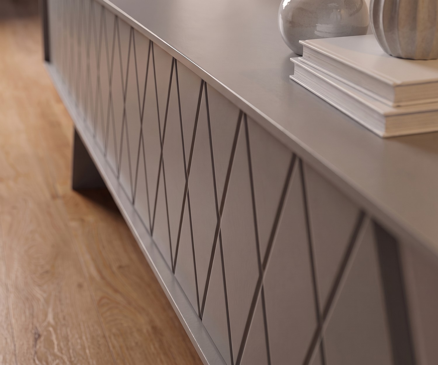 Meuble TV bas al2 e-klipse 008 avec motif à losanges pour le salon, design moderne gris.