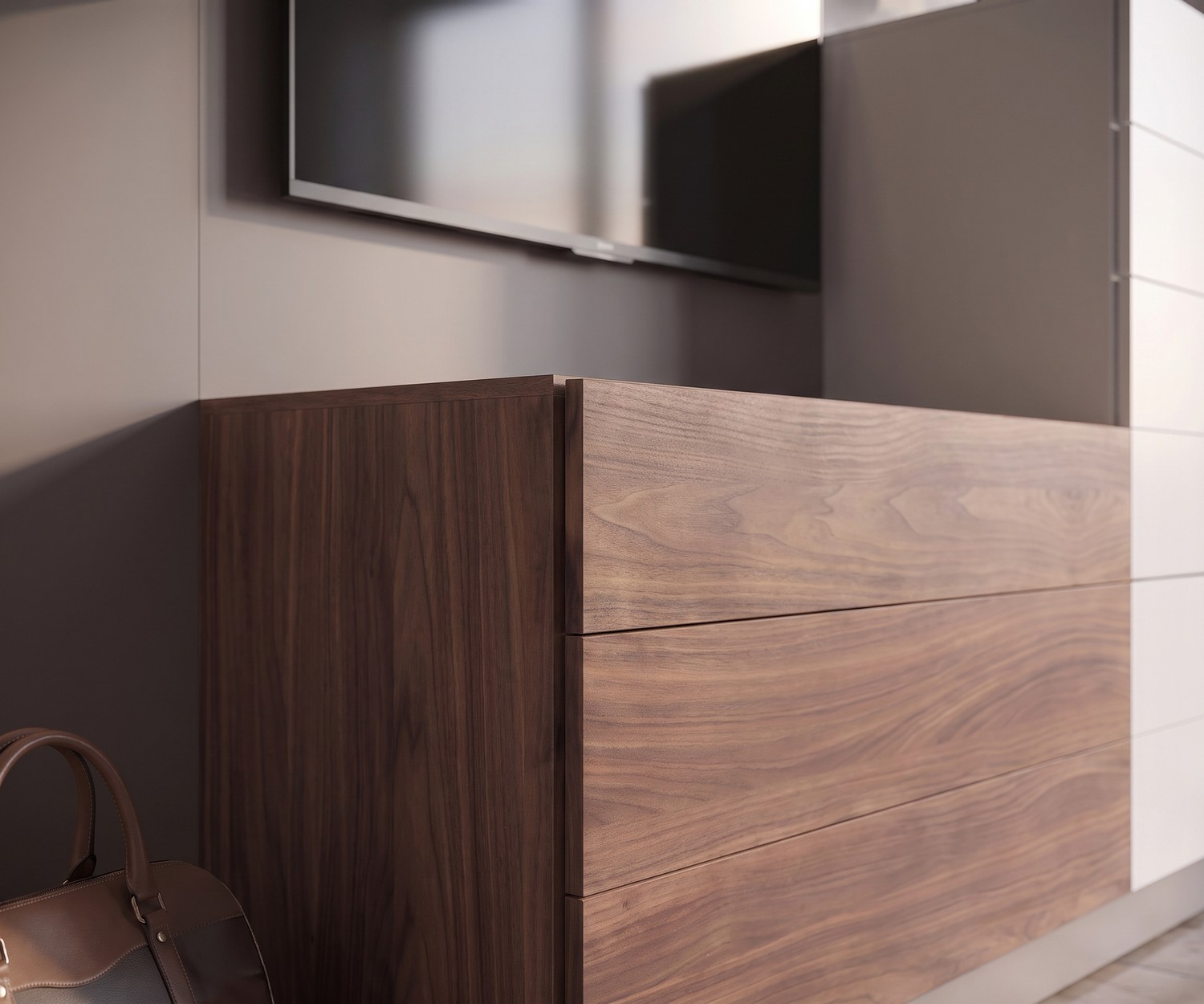 Commode Novamobili Easy 9 en plaqué noyer pour chambre ou entrée, meuble de rangement moderne au design italien épuré.