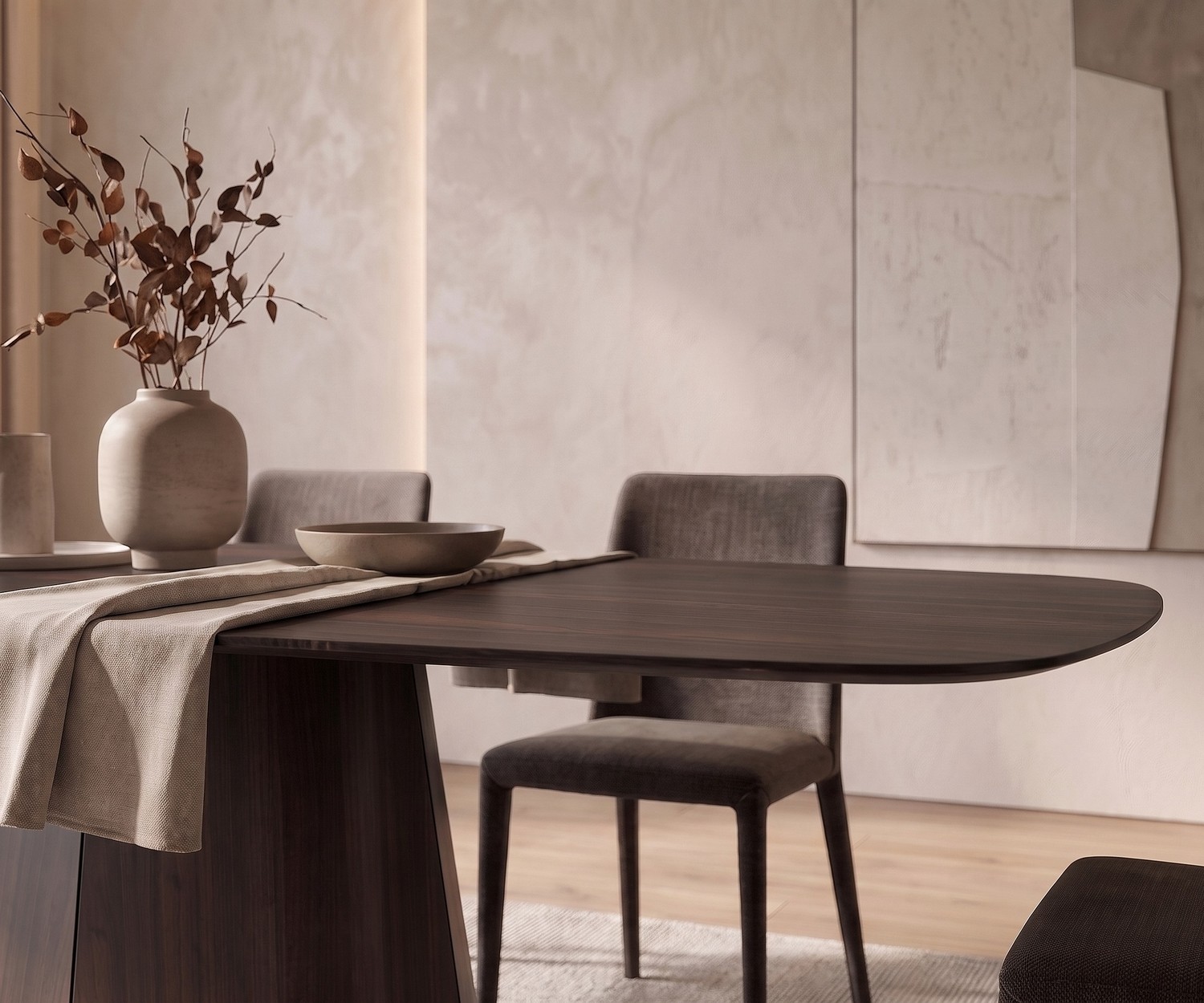 Table à Manger Ovale Design al2 tessera 001 Table à manger al2 tessera 001 pour salle à manger en bois foncé, table ovale design au style minimaliste et chaleureux.