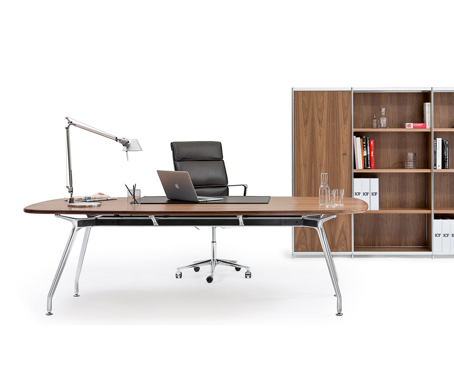 Exclusif ICF Unitable Manager Aluminium Table de travail design en noyer