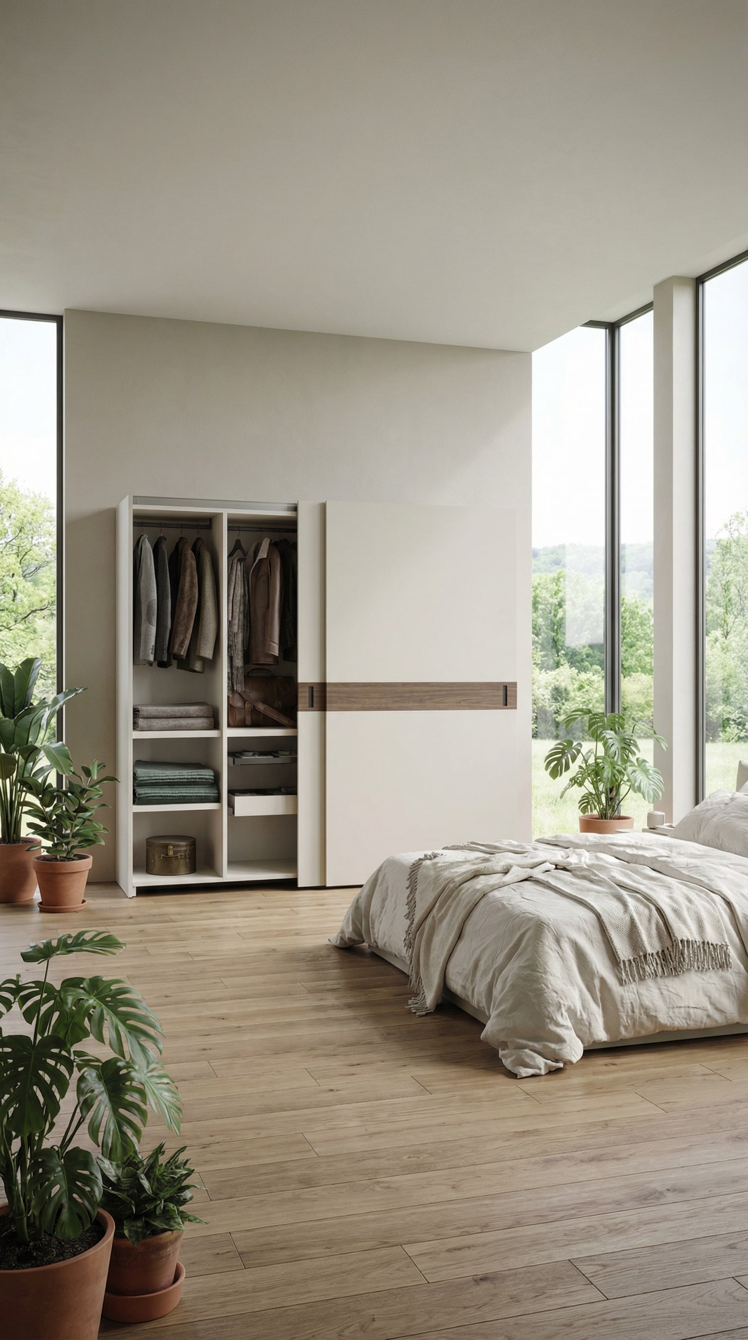 Chambre &agrave; coucher avec des &eacute;l&eacute;ments naturels et l'armoire Novamobili Class Portes Coulissantes, qui pr&eacute;sente une large application horizontale en bois.
