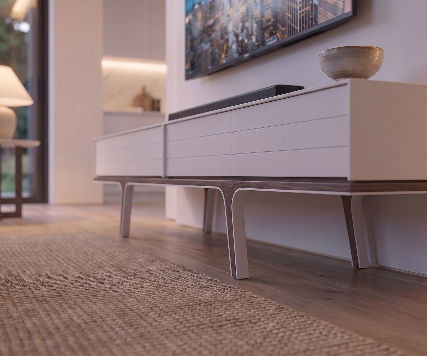 Meuble TV design al2 Mobius 004 avec pieds en bois Meuble TV bas al2 Mobius 004 pour salon. Buffet bas blanc mat au design moderne avec des pieds en bois massif.