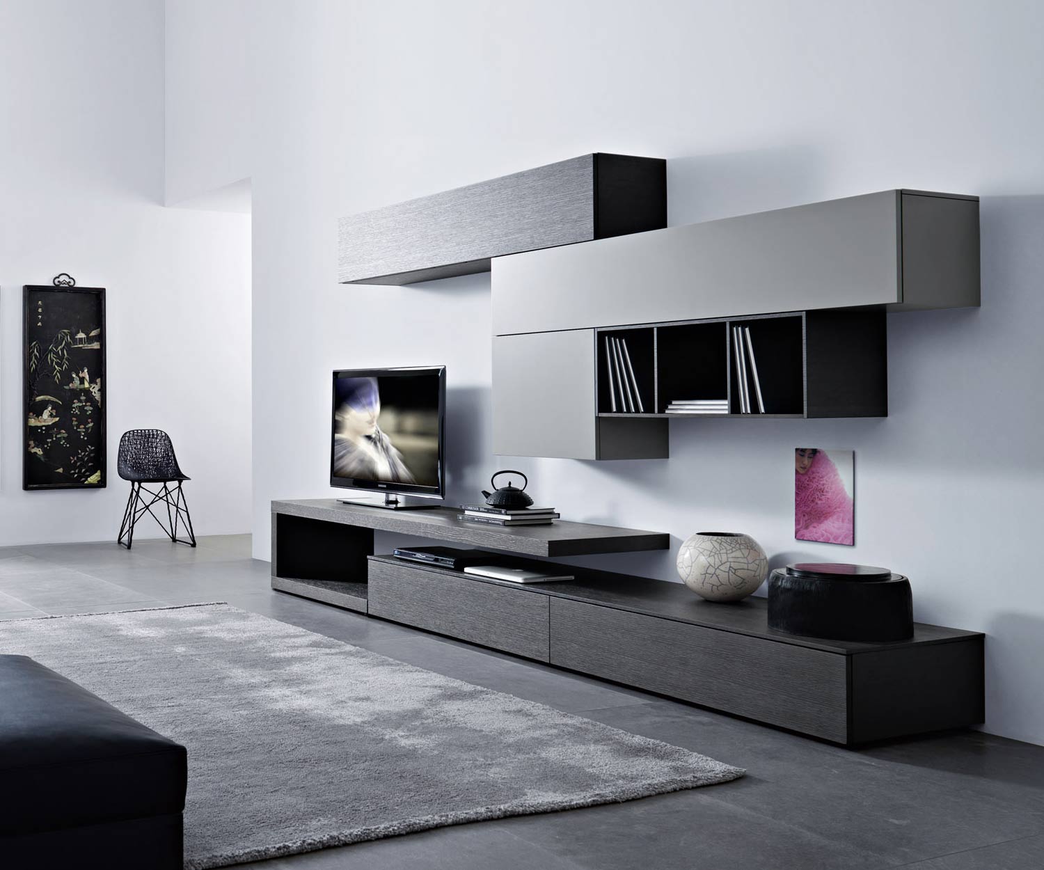 Meuble-paroi design moderne C99 avec chêne Carbone et plateau TV flottant Meuble-paroi design moderne C99 avec chêne Carbone et plateau TV flottant