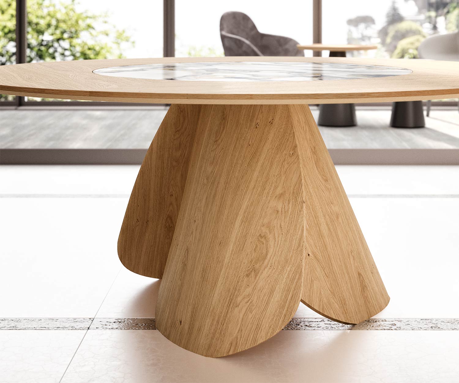 Ozzio Veliero T314 Table de salle à manger ronde design Chêne Carbone Emperador