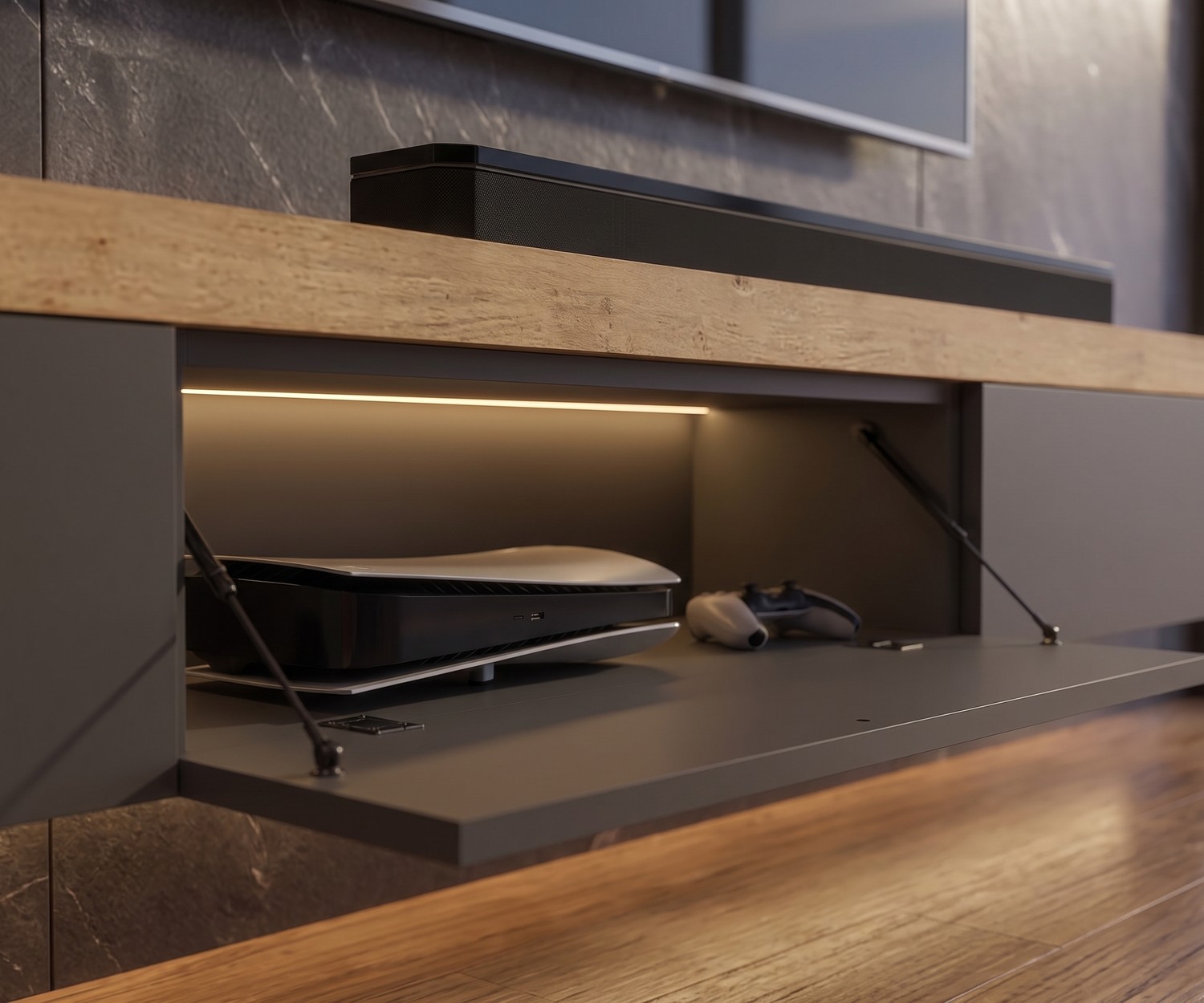 Meuble TV suspendu Livitalia avec plateau épais Meuble TV suspendu dans le salon : meuble bas Livitalia avec plateau supérieur épais en bois, style moderne élégant.